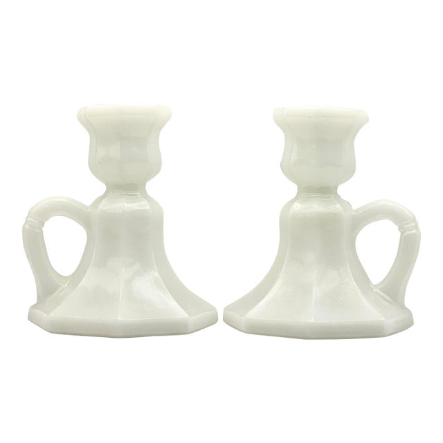 Milk Glass Handled Candlesticks- A Pair For Sale