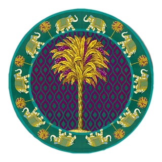Italian Green and Purple Placemat With Elephants and Palm Tree For Sale