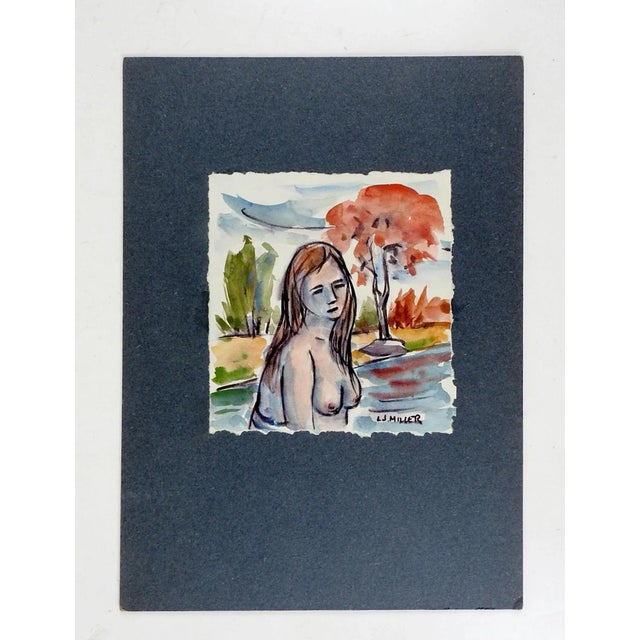 Vintage mid 20th century watercolor on paper painting of nude woman in lake by Lewis J. Miller (1912-2007) New...