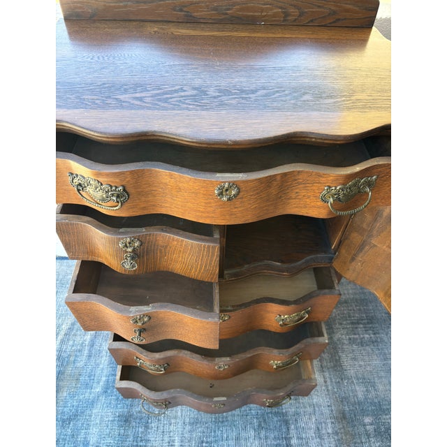 Late 19th Century Antique Oak Highboy Dresser Featuring Distinctive Serpentine Bowed Drawers and a Small Upper Side Cabinet For Sale - Image 5 of 11