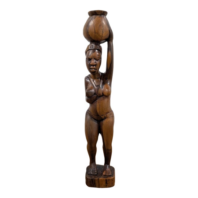 Vintage African Wood Carving: Woman Balancing Water Jug For Sale