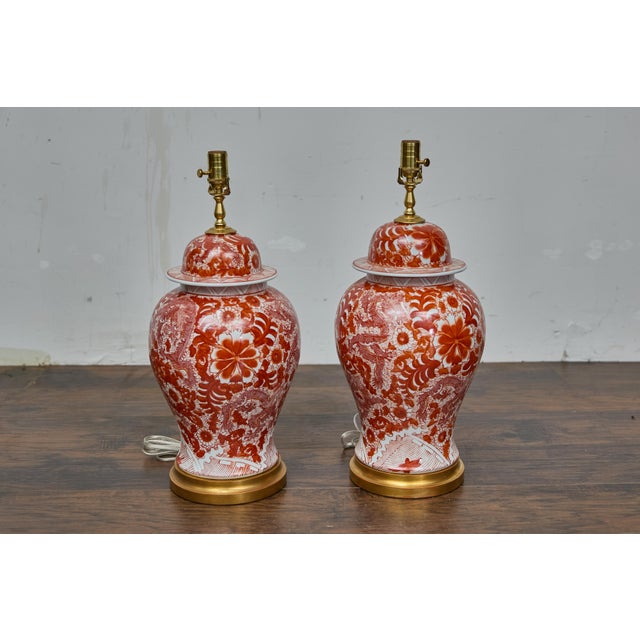 Early 21st Century Pair of Red and White Porcelain Dragon Temple Jar Table Lamps For Sale - Image 5 of 12