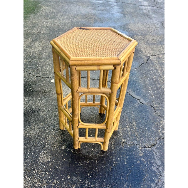 1980s Vintage Coastal Bamboo and Cane Brighton Pavilion Style Side Table For Sale - Image 5 of 11