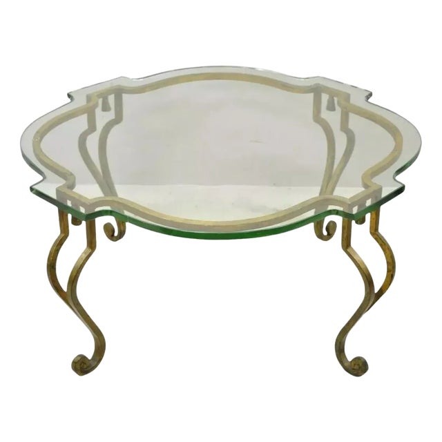 Vintage Italian Hollywood Regency Gold Gilt Iron Scalloped Glass Coffee Table For Sale