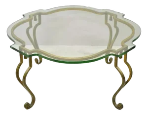 Vintage Italian Hollywood Regency Gold Gilt Iron Scalloped Glass Coffee Table