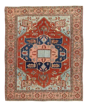 Antique Serapi Rug in Antique Red, Light Blue and Salmon Colors