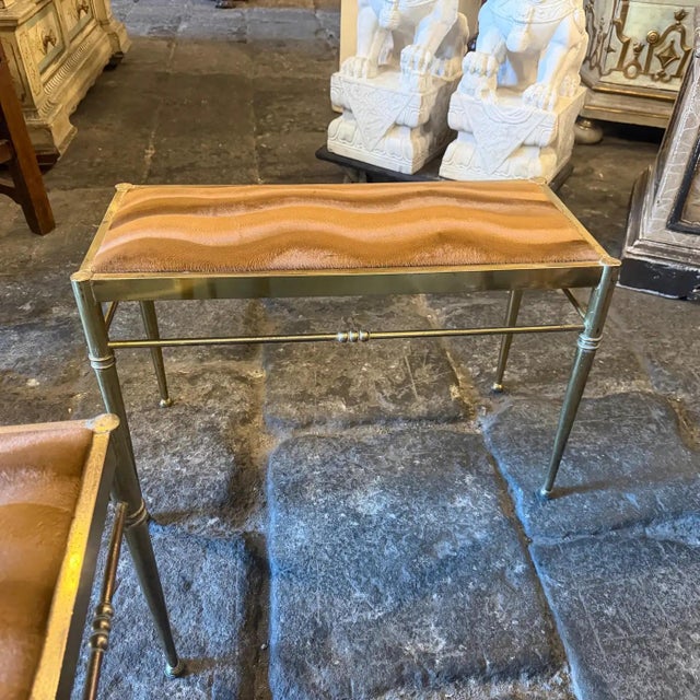 Two 1950s Mid-Century Modern Brass and Brown Velvet Rectangular Italian Stools For Sale - Image 15 of 16
