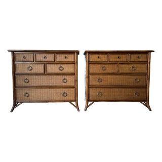 Vintage Coastal Baker Milling Road-Style Faux Bamboo Walnut and Cane Chest of Drawers - a Pair For Sale