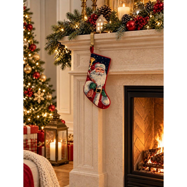 Vintage Handmade Needlepoint Santa Christmas Stocking Red Velvet 17" For Sale - Image 4 of 4