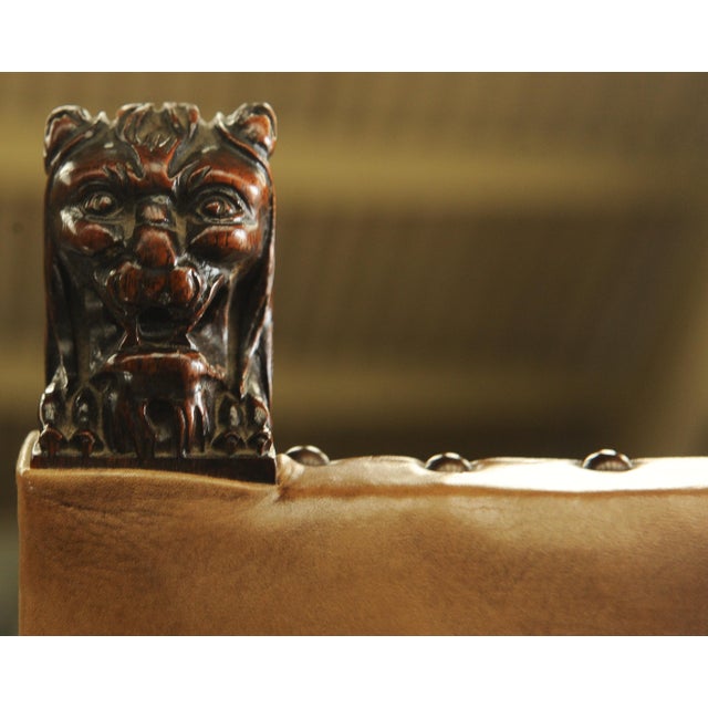 Set of Jacobean Oak Carved Hall Chairs One with Barley Twist, Carved Lion Pediments Both with Brass Studs and Leather Upholstery For Sale - Image 9 of 11