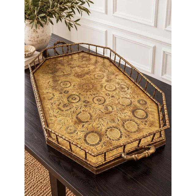 Metal Oversized Vintage Hand-Tooled Brass Gallery Tray With Raised Rail & Handles For Sale - Image 7 of 8