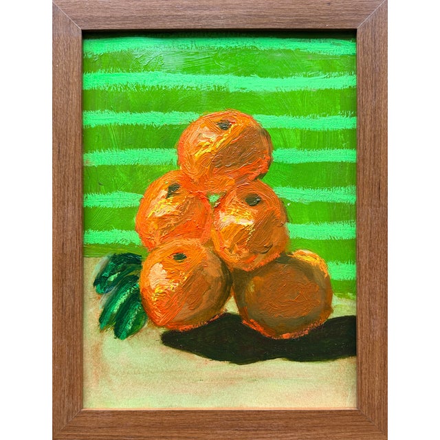 This original contemporary still life painting depicts a stacked arrangement of oranges rendered in bold, expressive...