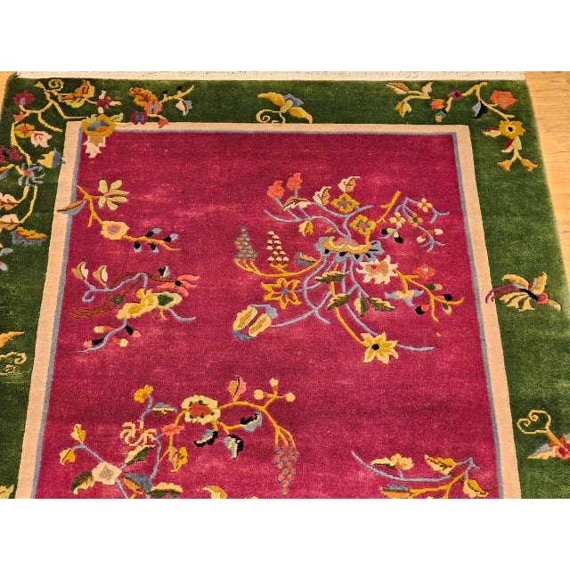 Vintage Chinese Art Deco Area Rug, Handwoven Wool Pile, Floral Design, 4' x 6' For Sale - Image 17 of 18