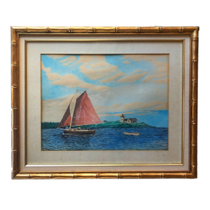 Watercolor Nautical Painting of Eastport, Maine With Gold Bamboo Frame