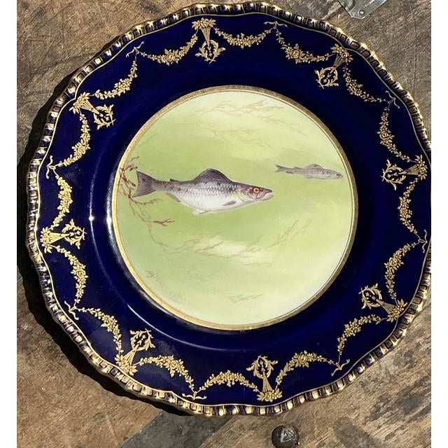 Victorian Vintage Gilt Tipped Doulton Burslem Fish Plates - Set of 12 For Sale - Image 3 of 16
