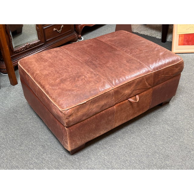 Rustic Leather Storage Ottoman, Cognac For Sale - Image 4 of 12