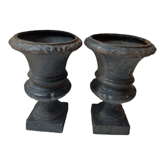 Vintage Neoclassical Style Cast Iron Planter Urns - Set of 2 For Sale