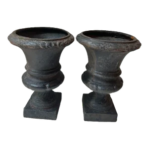 Vintage Neoclassical Style Cast Iron Planter Urns - Set of 2