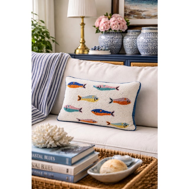 Palm Beach Preppy Beaded Sardine Fish Lumbar Accent Pillow Kindly note photo number two (2) is a digital rendering created...