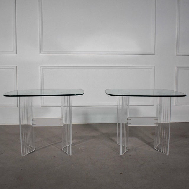 Plastic 1970's Modern Lined Lucite Trio of Pedestal Tables - Set of 3 For Sale - Image 7 of 10