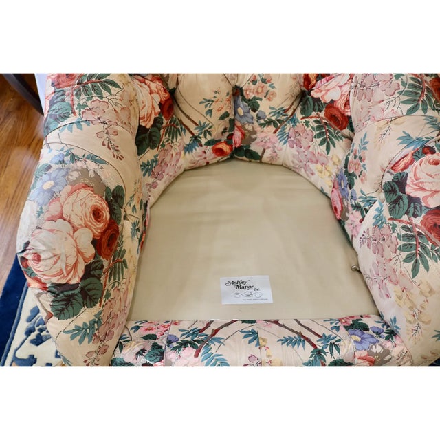 Early 21st Century Button Tufted Designer Floral Barrel Club Chairs - A Pair For Sale - Image 5 of 6