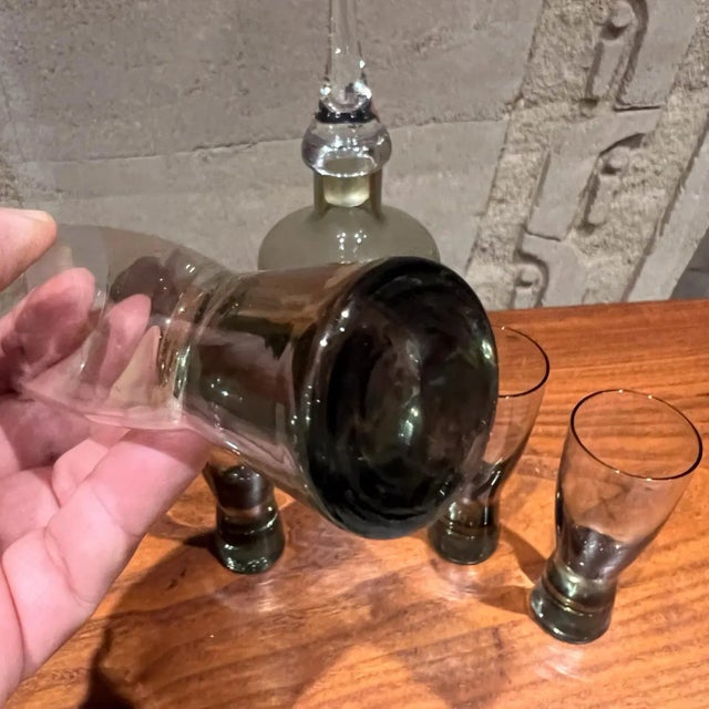 Glass Mid-Century Modern Smoke Glass Decanter Set With Four Shot Glasses Scandinavian For Sale - Image 7 of 11