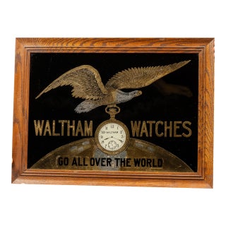 Early 20th Century Waltham Watches Reverse-Painted Glass Advertising Sign For Sale