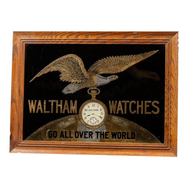 Early 20th Century Waltham Watches Reverse-Painted Glass Advertising Sign For Sale