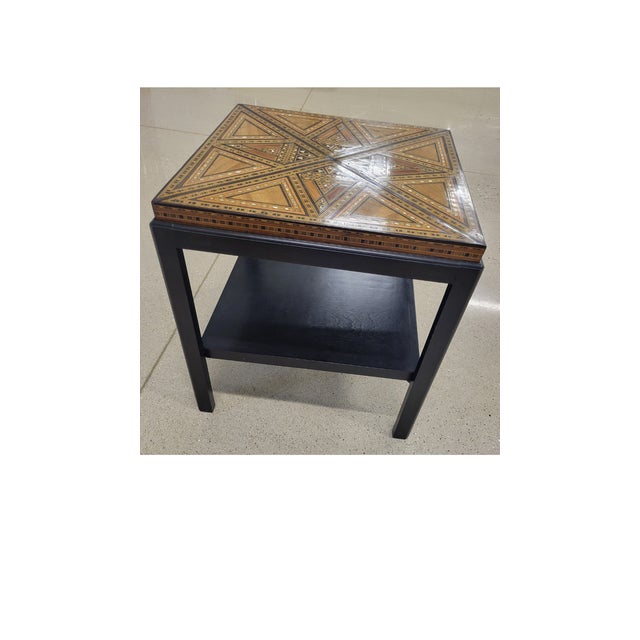Brown Levantine Geometric Marquetry Side Table Top on Later Ebonized Stand For Sale - Image 8 of 11