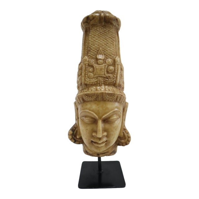 Hand Carved Stone Head of Indian Deity Statue on Stand For Sale