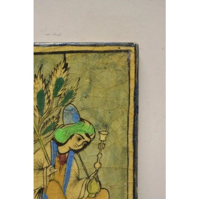 Persian Antique Persian Iznik Qajar Style Green Ceramic Pottery Tile Kneeling Woman C5 For Sale - Image 3 of 9