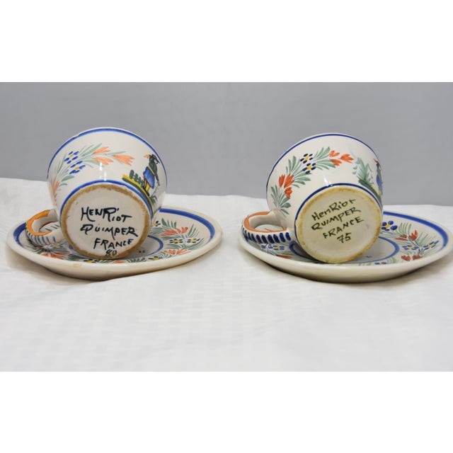 Shabby Chic Late 19th Century Hand Painted France Henriot Quimper Man Faience Flat Cup & Saucer - 4pcs For Sale - Image 3 of 7