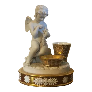 Antique Early 19th Century French Empire Nast Old Paris Porcelain Inkwell in Gold & White Featuring a Cherub