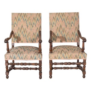 Mid 20th Century Pair of Louis XIII Style Oak Armchairs with Upholstered Backs and Seats For Sale