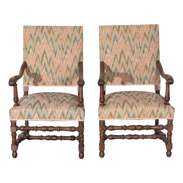 Mid 20th Century Pair of Louis XIII Style Oak Armchairs with Upholstered Backs and Seats For Sale