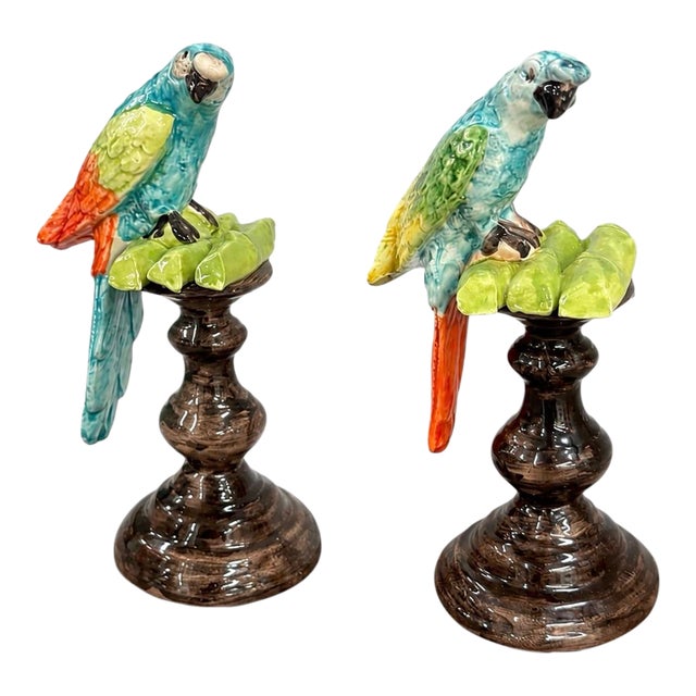 Pair of Italian Majolica Ceramic Parrot Sculptures on Pedestals For Sale