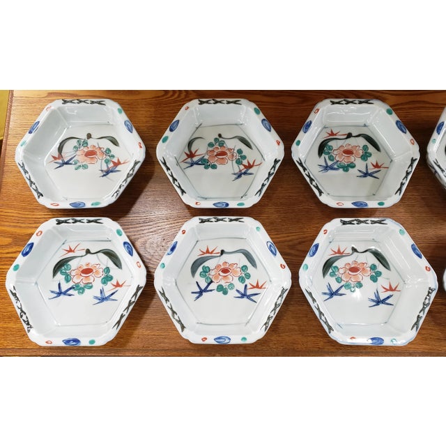 Up for sale is a Set of 10 Circa 1920 Japanese Kakiemon Porcelain Floral/Bird Motifs Hexagonal Bowls! They each measure 1...