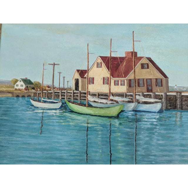 Wood Original Large Scale Coastal Seascape Harbor and Wharf Painting Signed For Sale - Image 7 of 9