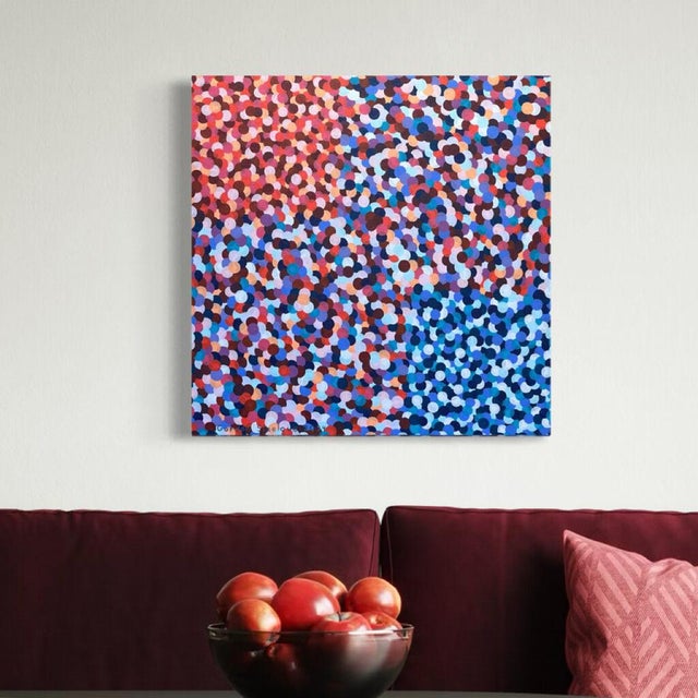 Contemporary Gordon Sizelove "Just Passing Through I" Acrylic on Canvas, Abstract Dot Painting in Coral and Blue, Carmel California Art, Statement Artwork, 2024 For Sale - Image 3 of 4