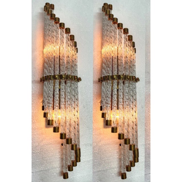 Pair Skyscraper Vintage Art deco light Old Lamp Wall Sconces Fixture Brass & Ribbed Glass Rod Ship Light Excellent Working...