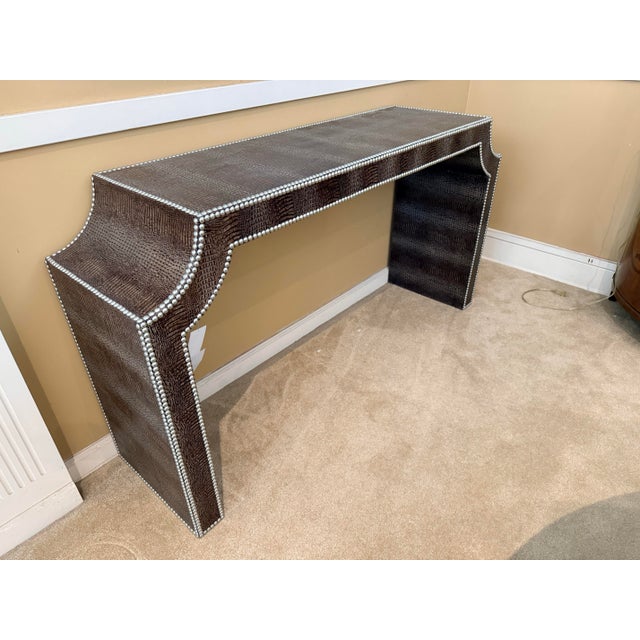 Contemporary Bernhardt Crocodile Embossed Leather Console Table With Nickel Nailhead Trim For Sale - Image 3 of 5