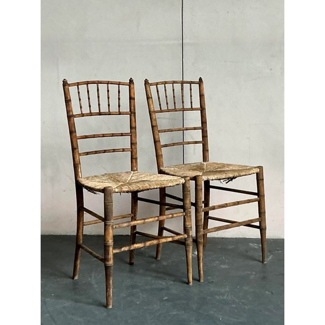 French Country Vintage Patinated Rush Seat Charvari Chairs - A Pair For Sale - Image 3 of 8