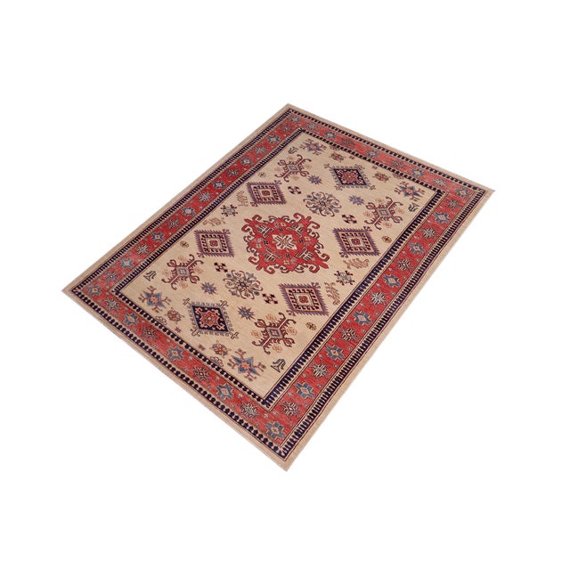 Shabby Chic Tribal Super Kazak Lt. Gold/Red Wool Rug - 5'4'' X 8'0'' For Sale - Image 3 of 10