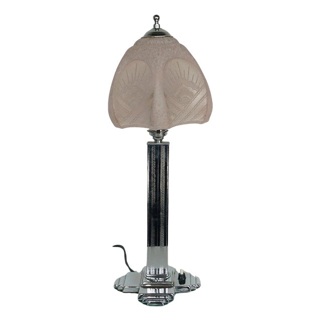 Art Deco Table Lamp with Pink Glass Shade For Sale