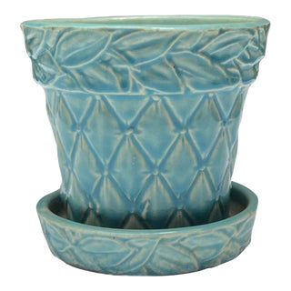 1940's McCoy Quilted Planter With Saucer Pattern #16 - Medium Blue For Sale