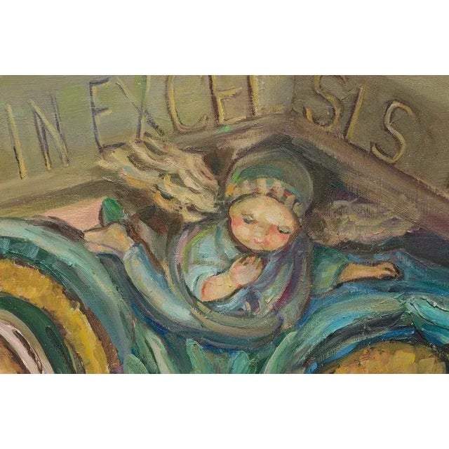 Nativity scene on an architrave of a cathedral, done in the style of Hummel figurines by Helen Gleiforst (American,...