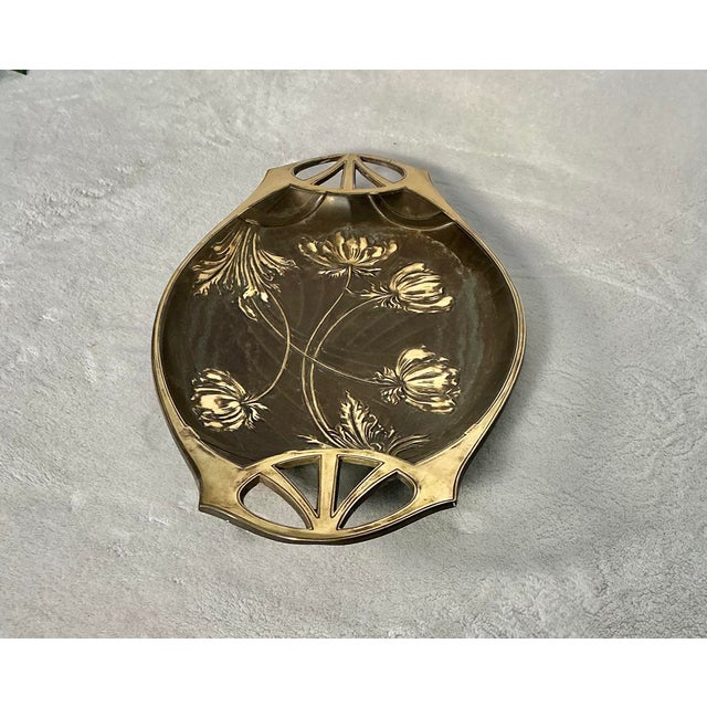 Art Nouveau Antique Art Nouveau Brass Decorative Serving Tray Floral Motifs, Late 19th-Early 20th Century For Sale - Image 3 of 12