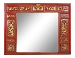 Antique Red & Gold Chinese Temple Carving Mirror