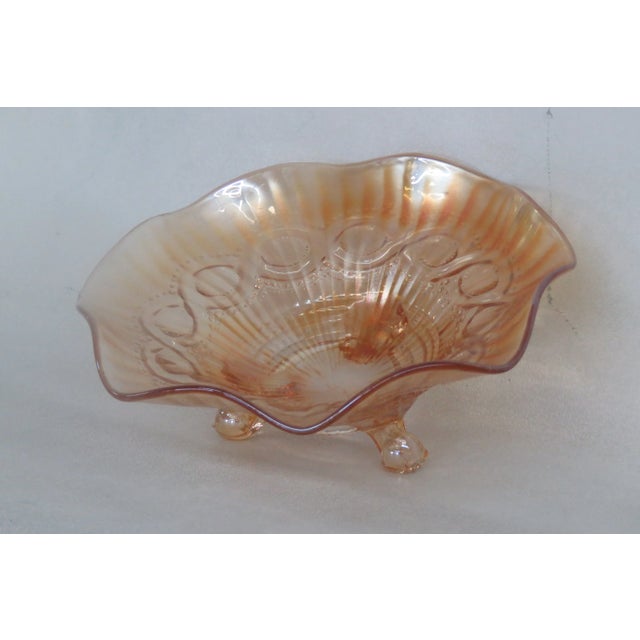 Traditional Beaded Cable Style Marigold Carnival Glass Three Footed Bowl For Sale - Image 3 of 10