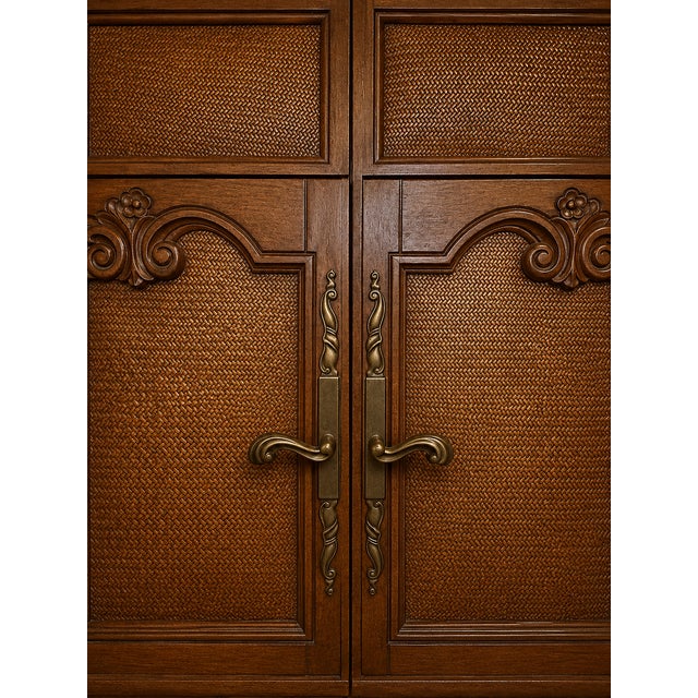 Monumental Carved Wood Home Bar Armoire With Mirrored Interior, Wine Storage & Mini Fridge For Sale In Las Vegas - Image 6 of 14